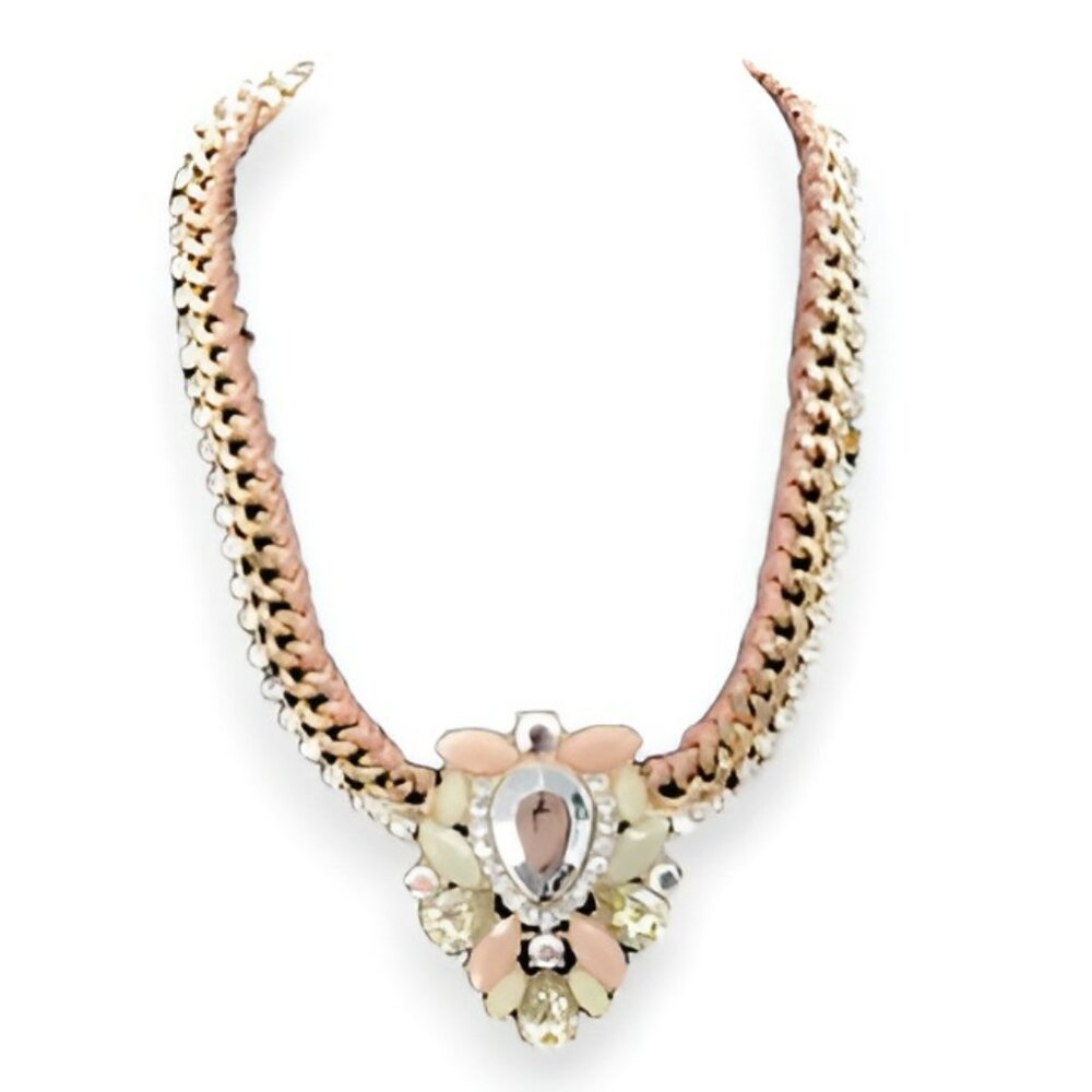 J Crew Champagne Pink Jade Green Brulee Crystal Pendant Gold Statement Necklace
